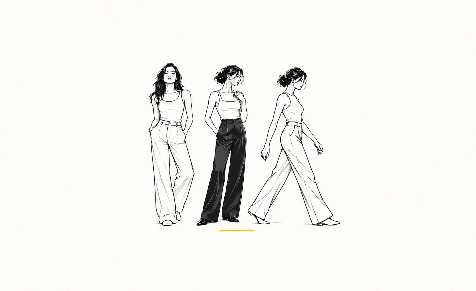 Drei Modefiguren zeigen Pola-Posing und Walk.